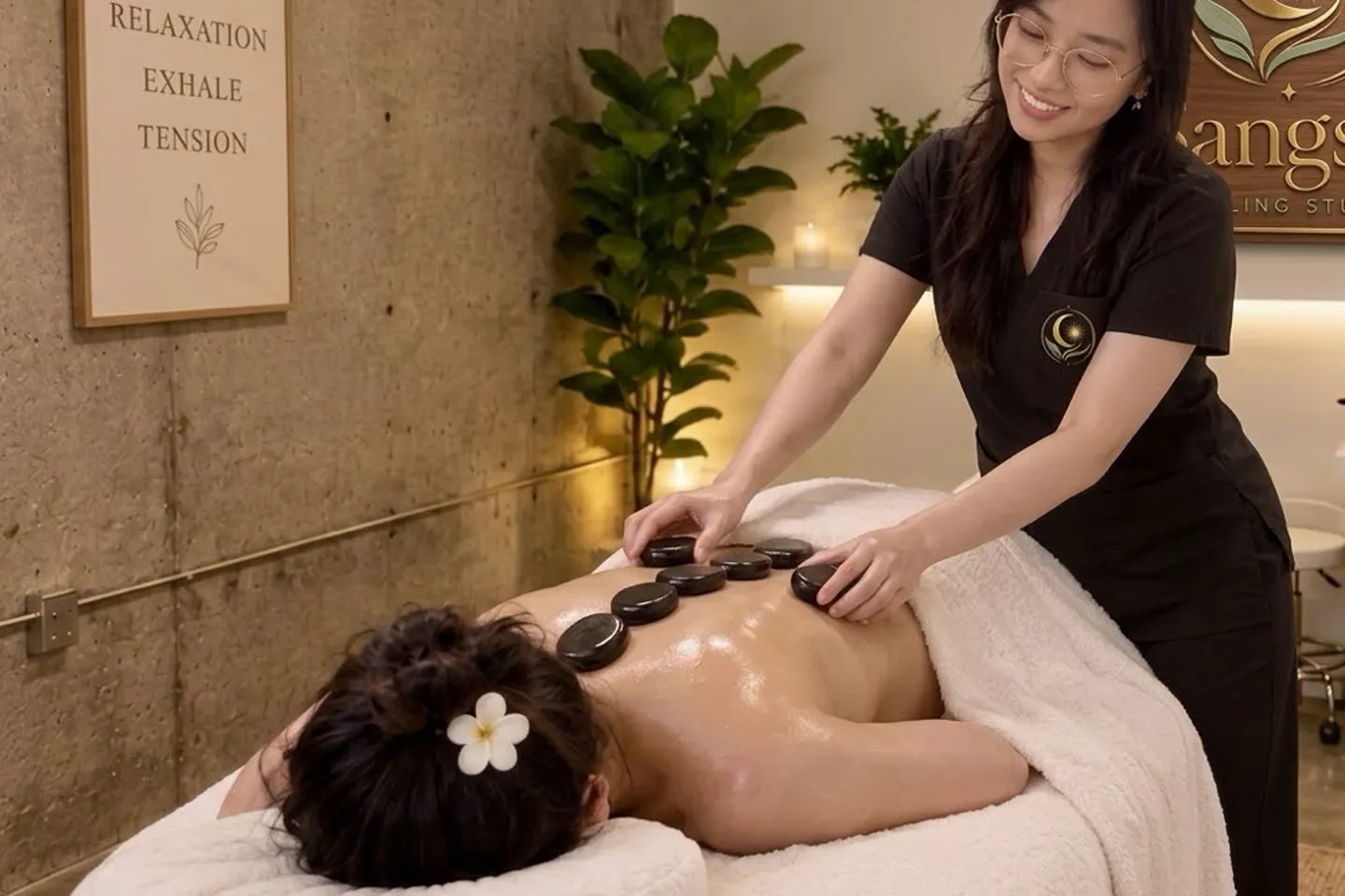 Hot stone massage in the Sangsiri treatment room, with the studio logo on the wall