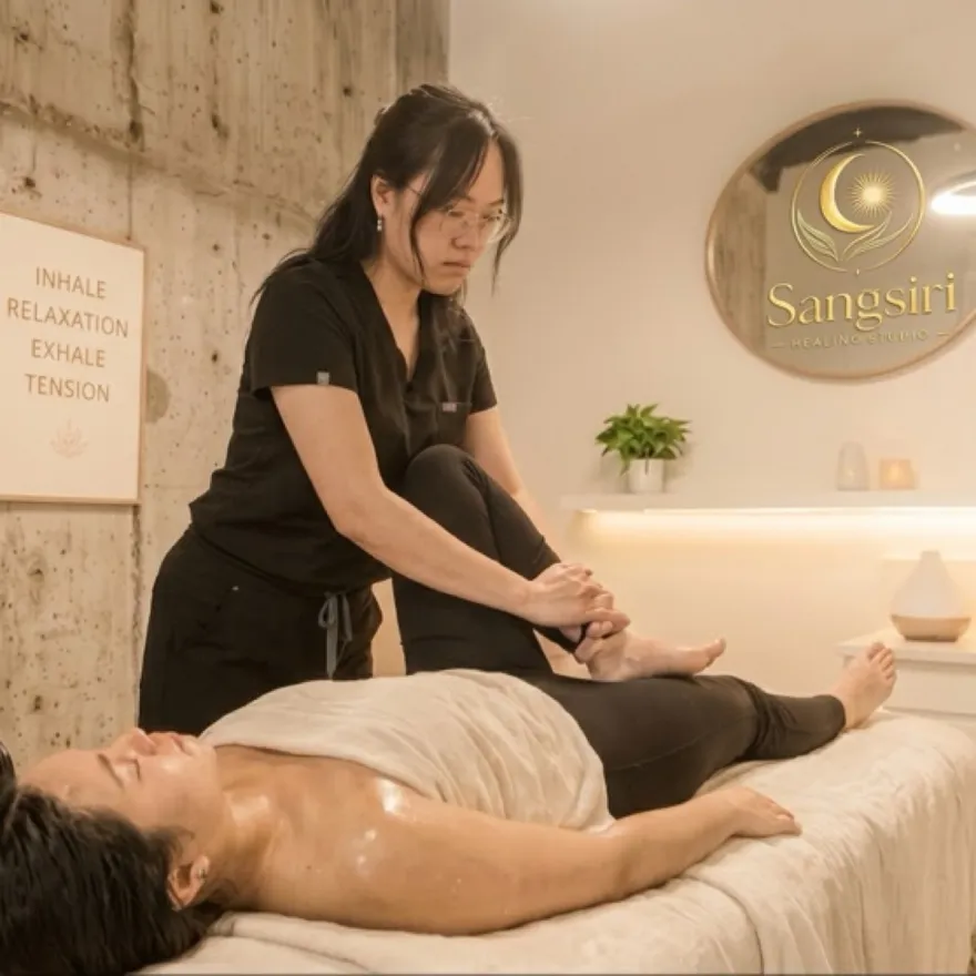 Lisa working a client's legs during a Signature massage beside the Inhale Relaxation sign